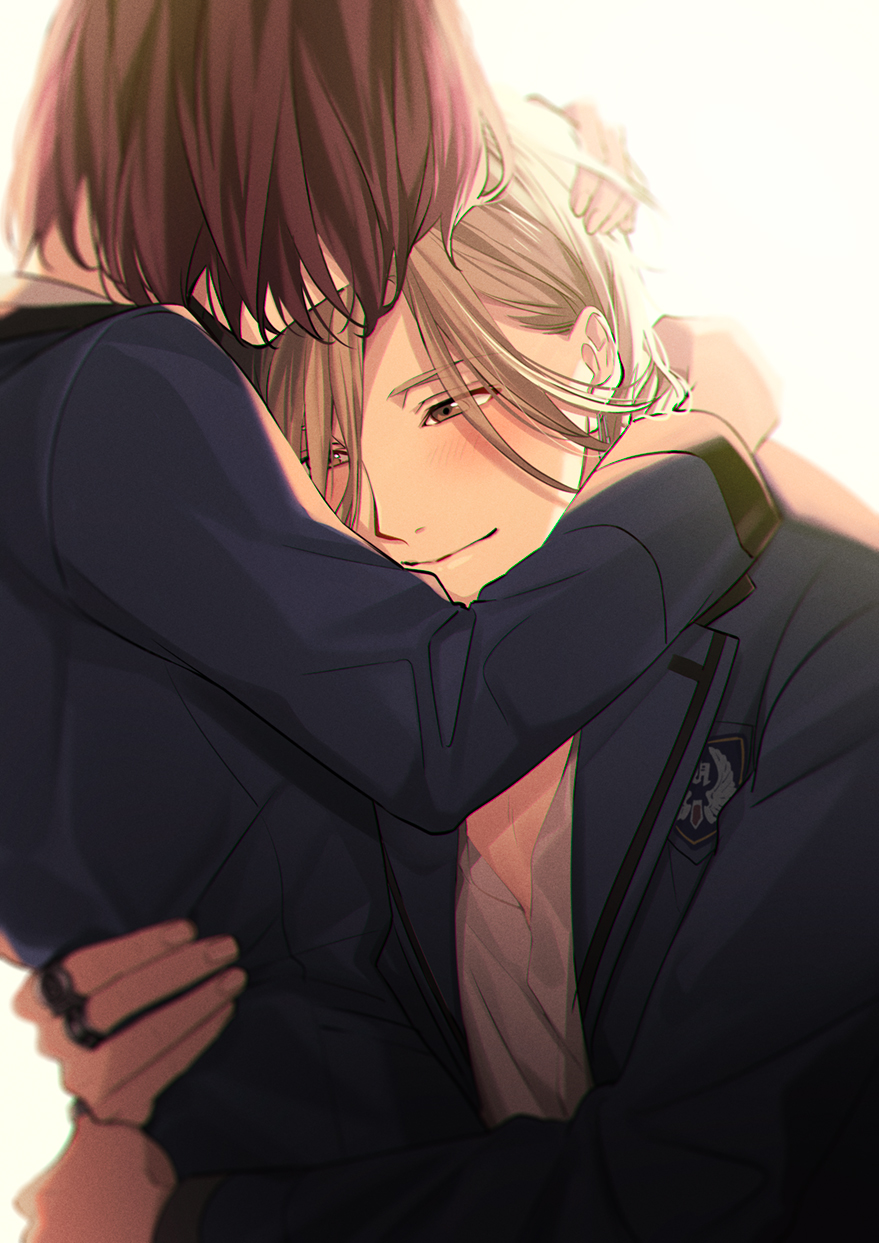 1boy, 1girl, aki_asay, blazer, blonde_hair, blue_jacket, blurry, blush, brown_eyes, chin_rest, closed_mouth, couple, covered_face, depth_of_field, habataki_academy_school_uniform, hair_over_eyes, hands_on_another's_head, hands_on_another's_waist, happy, head_on_head, head_rest, heads_together, highres, hug, jacket, jewelry, light_brown_hair, multiple_rings, protagonist_(tokimemo_gs3), red_hair, ring, sakurai_ruka, school_uniform, shirt, short_hair, simple_background, smile, tokimeki_memorial, tokimeki_memorial_girl's_side, tokimeki_memorial_girl's_side_3rd_story, v-neck, white_background, white_shirt