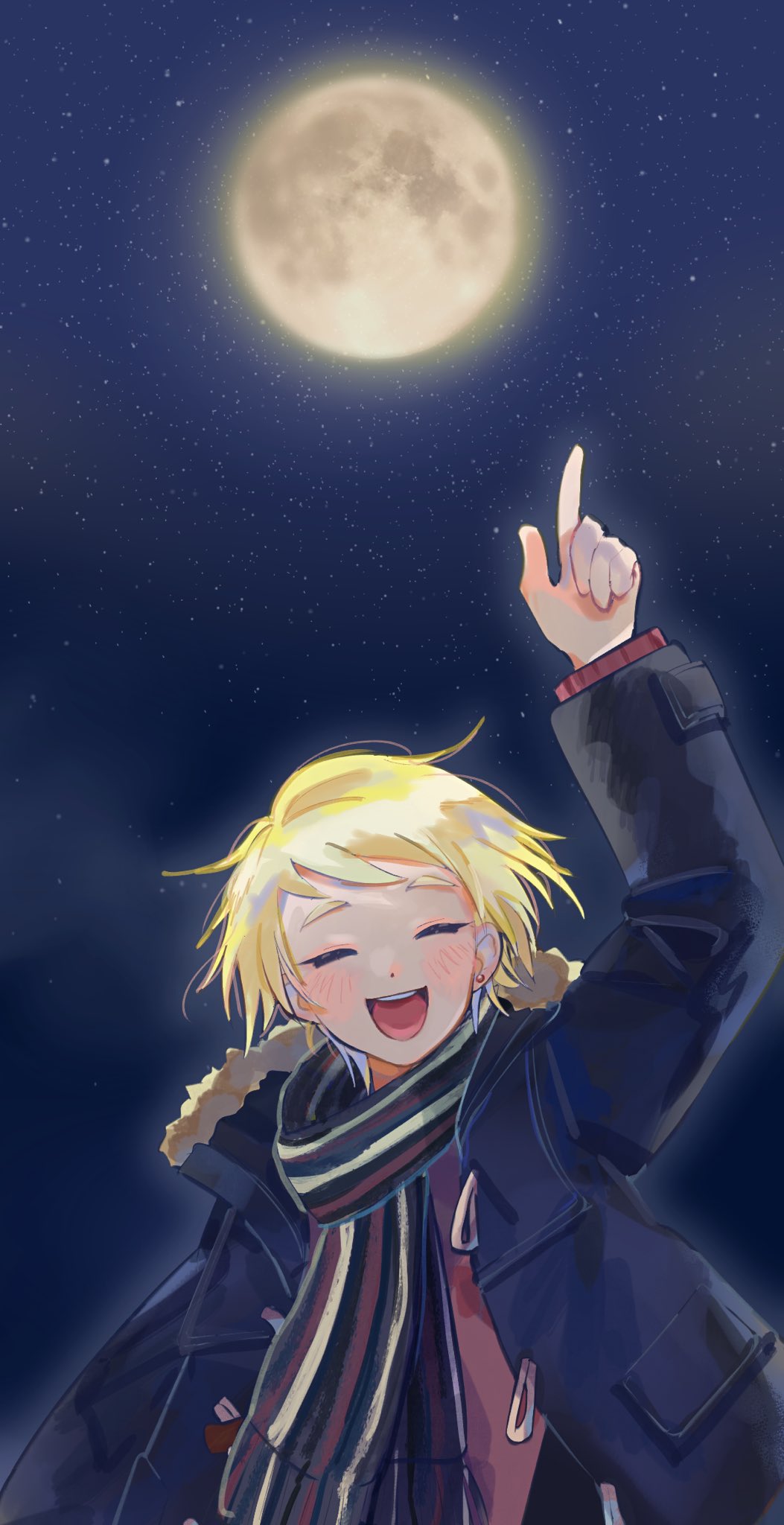 1boy, ^_^, arigato_yciyh, arm_up, black_jacket, blonde_hair, closed_eyes, earrings, facing_viewer, full_moon, highres, honda_iku, jacket, jewelry, male_focus, moon, night, open_clothes, open_jacket, open_mouth, pointing, pointing_up, red_jacket, scarf, short_hair, sky, solo, star_(sky), starry_sky, striped_clothes, striped_scarf, stud_earrings, tokimeki_memorial, tokimeki_memorial_girl's_side, tokimeki_memorial_girl's_side_4th_heart, upper_body