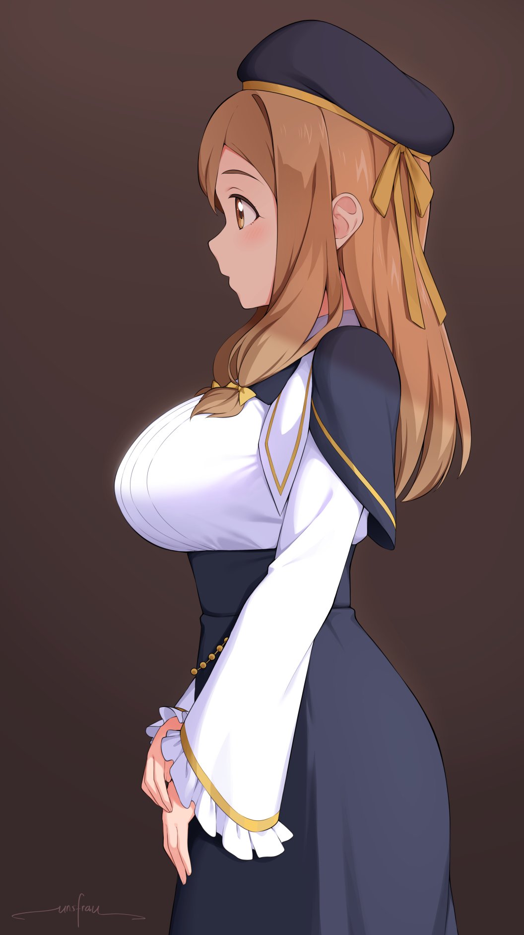 1girl, beret, bow, breasts, brown_background, brown_eyes, brown_hair, capelet, commentary, english_commentary, frilled_sleeves, frills, genjitsu_no_yohane, gradient_background, hair_bow, hair_over_shoulder, hanamaru_(genjitsu_no_yohane), hat, highres, kunikida_hanamaru, large_breasts, light_blush, long_hair, love_live!, love_live!_sunshine!!, own_hands_together, profile, shadow, shirt, sidelocks, signature, simple_background, solo, unsfrau, white_shirt, yellow_bow