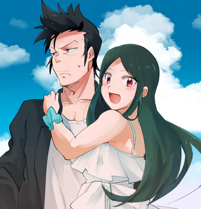 1boy, :d, absurdres, black_hair, black_jacket, blue_scrunchie, cloud, day