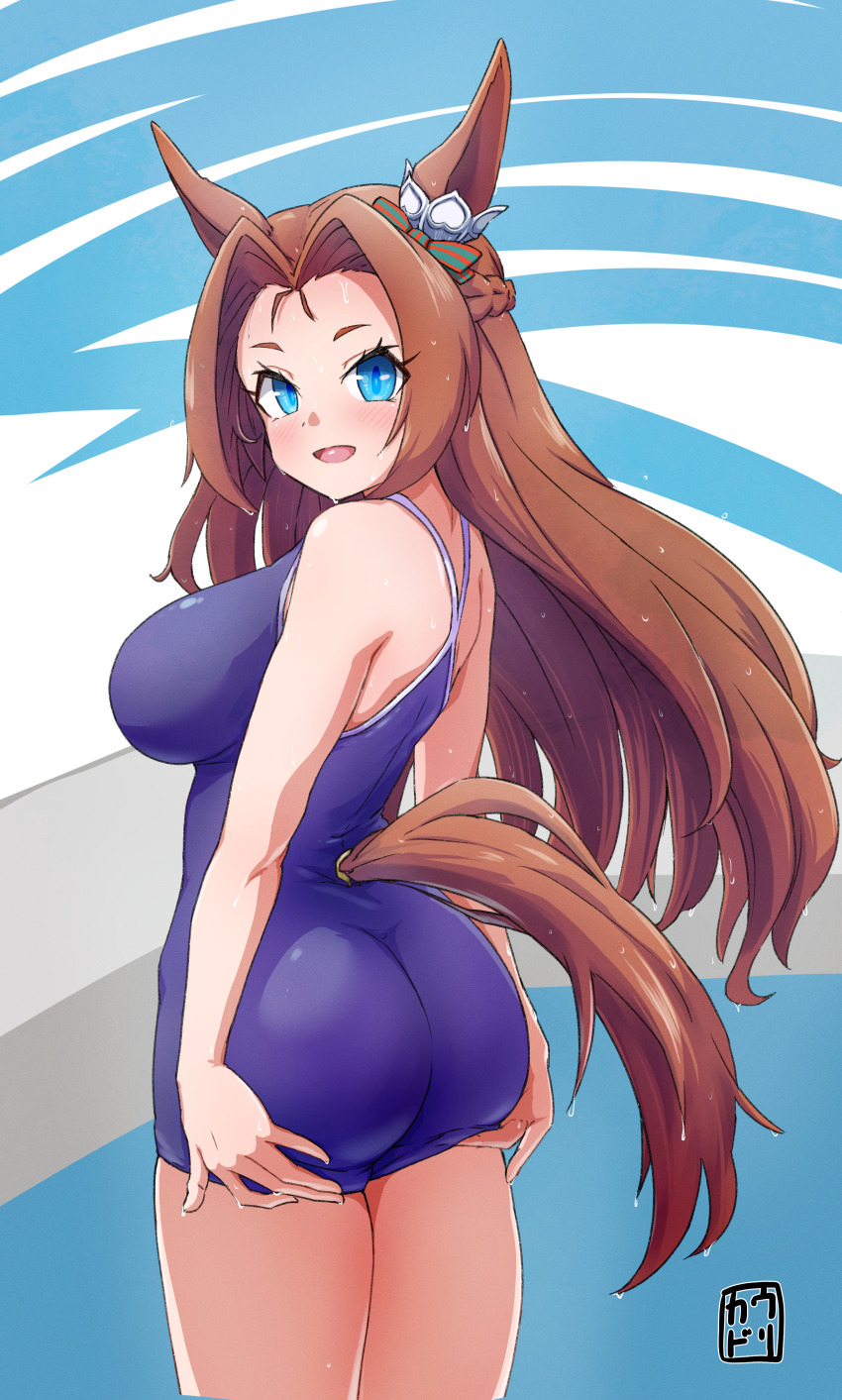 1girl, absurdres, animal_ears, ass, blue_eyes, blue_one-piece_swimsuit, breasts, brown_hair
