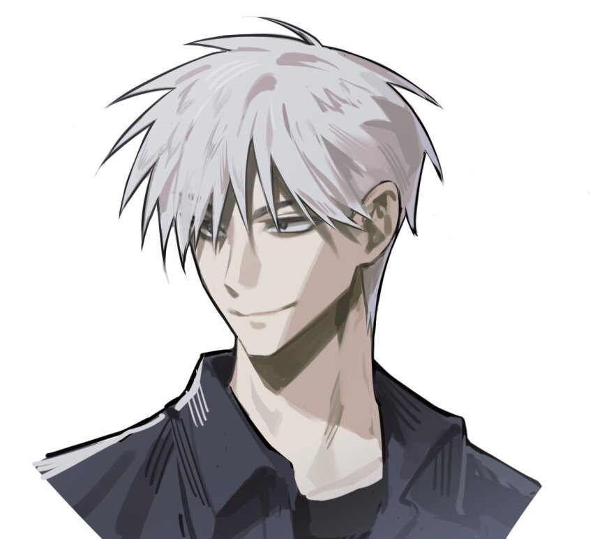 1boy, akagi:_yami_ni_oritatta_tensai, akagi_shigeru, black_eyes, black_shirt, closed_mouth, collared_shirt, commentary, fukumoto_mahjong, grey_shirt, hair_between_eyes, long_bangs, looking_afar, male_focus, maxham_2, portrait, shirt, short_hair, simple_background, smile, solo, undershirt, white_background, white_hair