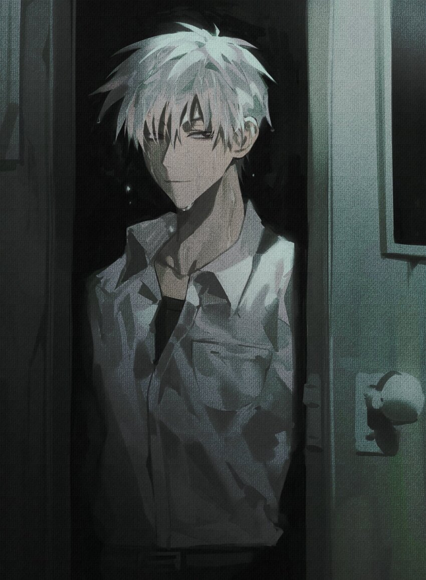 1boy, akagi:_yami_ni_oritatta_tensai, akagi_shigeru, black_eyes, black_shirt, breast_pocket, closed_mouth, collared_shirt