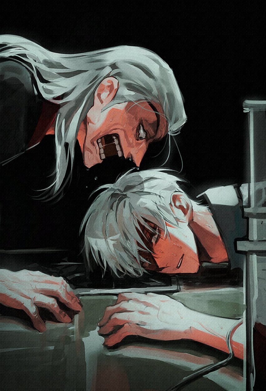 2boys, akagi:_yami_ni_oritatta_tensai, akagi_shigeru, angry, black_background, black_eyes, commentary, facedesk