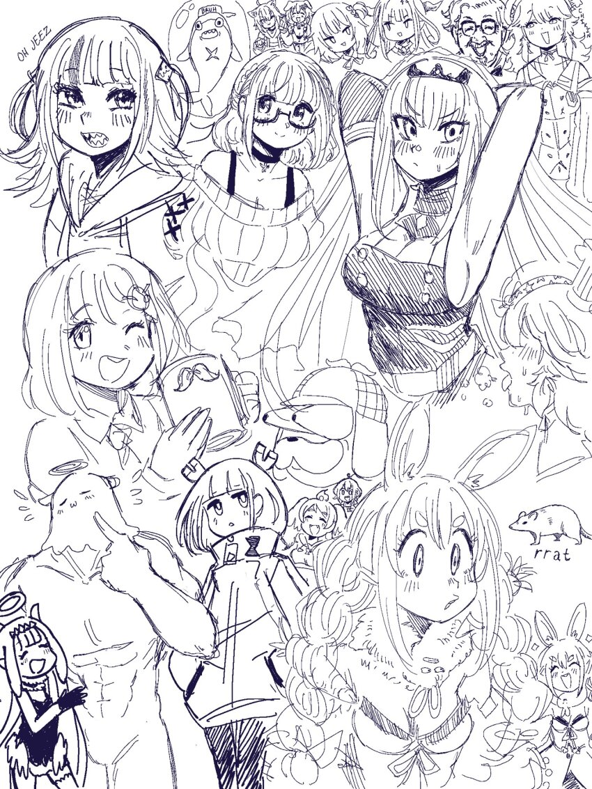 2boys, 6+girls, akai_haato, amano_pikamee, animal_ears, armpits, bloop_(gawr_gura), booba_(meme)