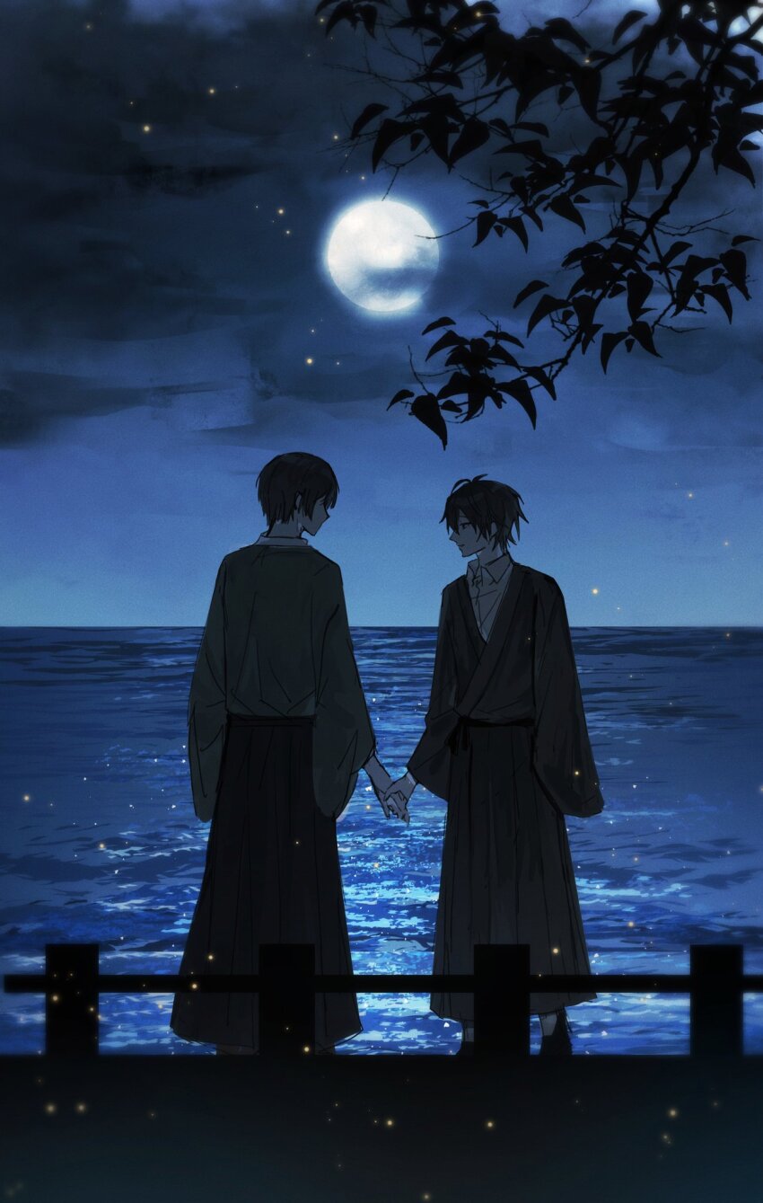 2boys, ahoge, black_footwear, black_hair, bridge, cloud, collared_shirt, dark_cloud