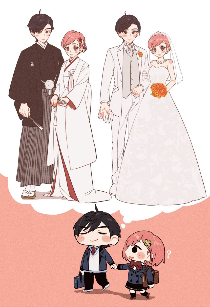 1boy, 1girl, ?, arm_at_side, ascot, asymmetrical_bangs, bare_shoulders, bead_necklace