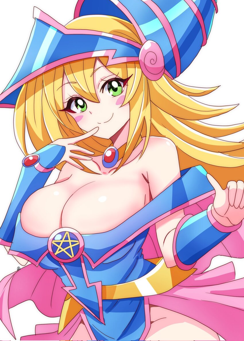1girl, bare_shoulders, blonde_hair, blue_dress, blue_hat, blush, blush_stickers, bracer, breasts, cape, cleavage, closed_mouth, dark_magician_girl, dress, duel_monster, eyebrows_hidden_by_hair, gem, green_eyes, hair_between_eyes, hands_up, hat, head_tilt, highres, jewelry, large_breasts, long_hair, looking_at_viewer, miniskirt, momotarouooi, neck, necklace, off-shoulder_dress, off_shoulder, pentacle, pink_cape, pink_skirt, pleated_skirt, red_gem, simple_background, skirt, smile, solo, thumbs_up, white_background, wizard_hat, yu-gi-oh!, yu-gi-oh!_duel_monsters