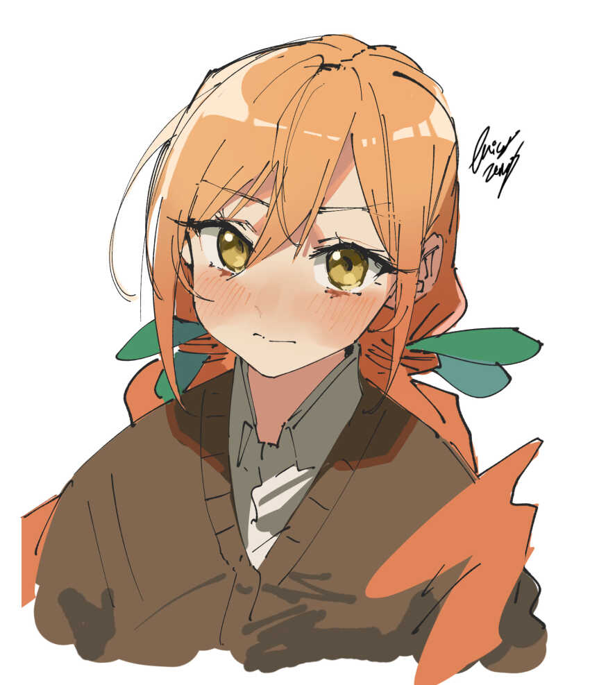 1girl, blush, brown_cardigan, brown_hair, cardigan, closed_mouth, collared_shirt, double-parted_bangs