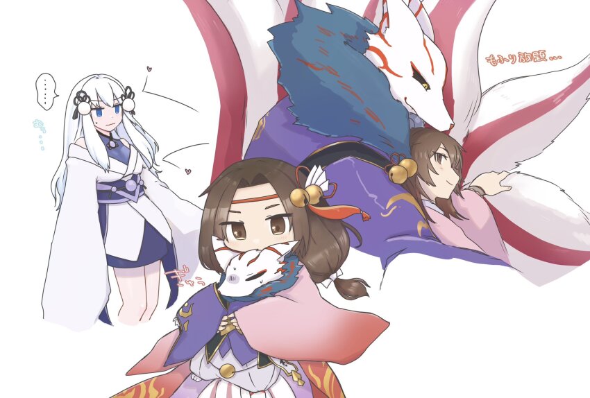 ..., 3girls, animal_ears, bell, black_sclera, blue_eyes, brown_eyes, brown_hair