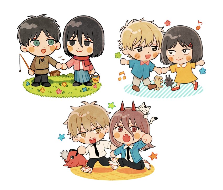 3boys, 3girls, beamed_eighth_notes, black_eyes, black_hair, black_necktie, blonde_hair, blue_jacket, blue_skirt, blush_stickers, bucket, cat, chainsaw_man, chibi, commentary_request, couple, cross-shaped_pupils, dancing, denji_(chainsaw_man), dog, dress, eren_yeager, fangs, fishing_rod, green_eyes, hetero, highres, holding, holding_bucket, holding_fishing_rod, holding_hands, horns, house, iwakura_mitsumi, jacket, llq9ull, meowy_(chainsaw_man), mikasa_ackerman, multiple_boys, multiple_girls, musical_note, necktie, pleated_skirt, pochita_(chainsaw_man), power_(chainsaw_man), red_eyes, red_hair, red_horns, red_scarf, scarf, sharp_teeth, shima_sousuke, shingeki_no_kyojin, shoes, skip_to_loafer, skirt, sneakers, star_(symbol), symbol-shaped_pupils, teeth, yellow_dress