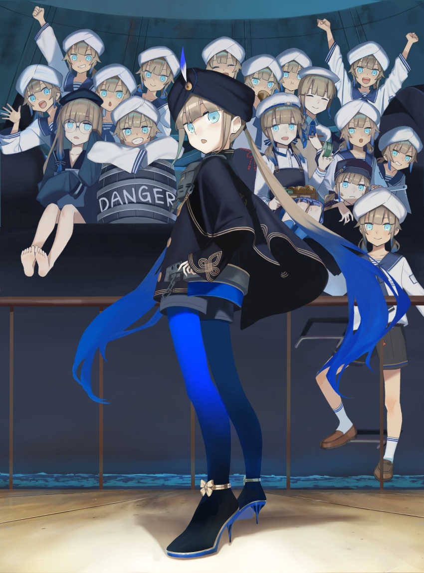 4girls, 6+boys, :i, apron, baker_nemo_(fate), barefoot, barrel, beret