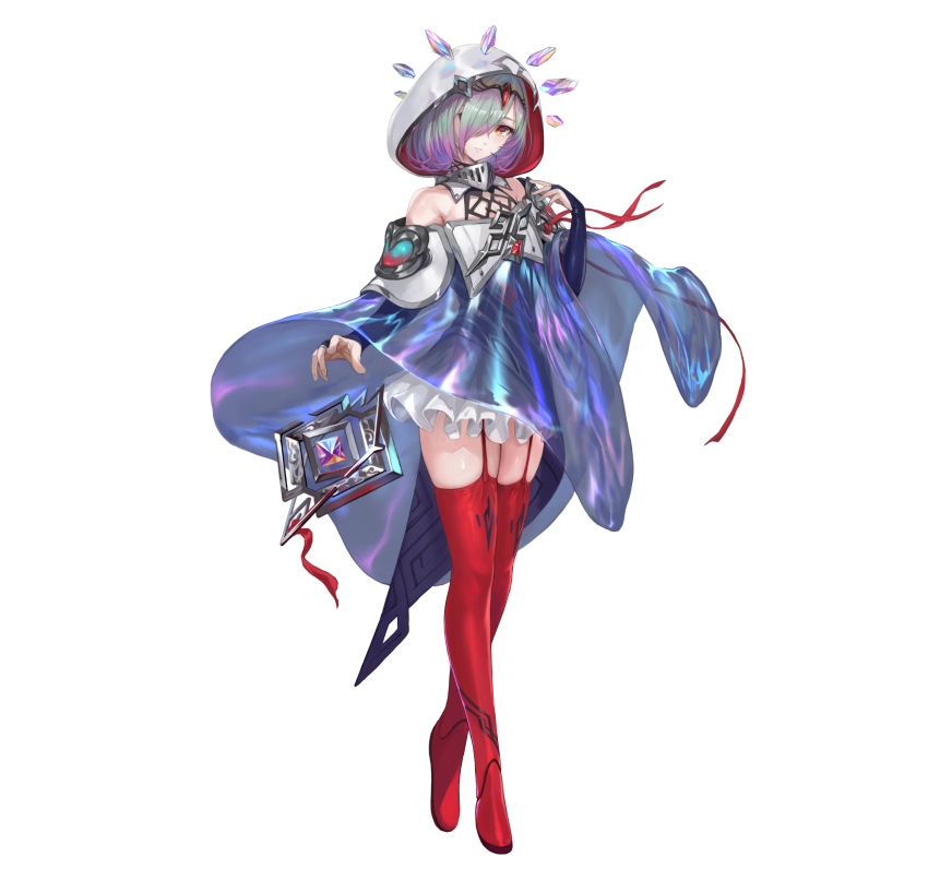 1girl, absurdres, bare_shoulders, bridal_gauntlets, commentary_request, crystal, dress, fire_emblem