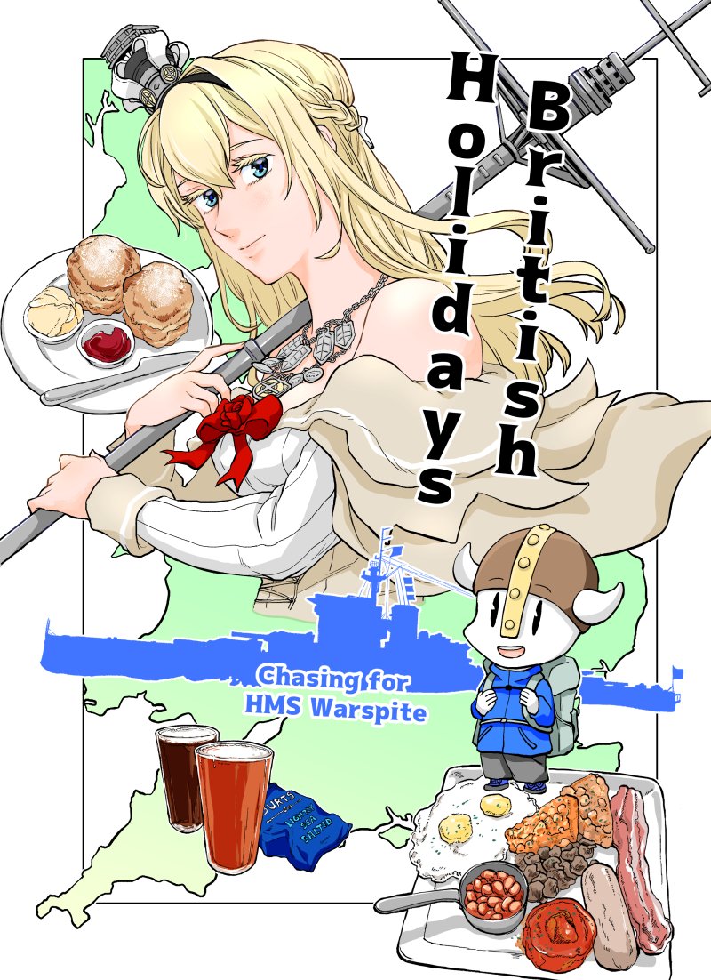1boy, 1girl, artist_self-insert, backpack, bacon, bag, beans, blonde_hair