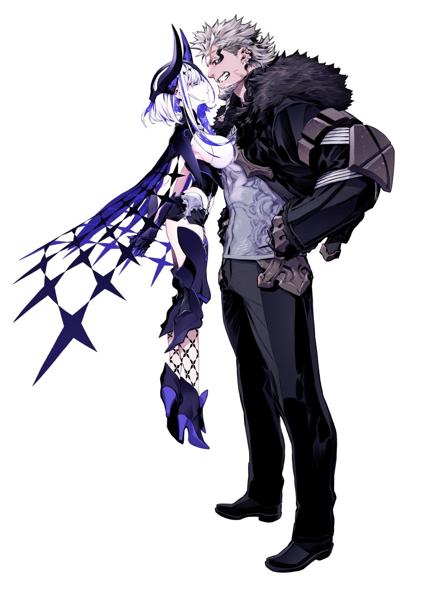 1boy, 1girl, absurdres, aslaug_(fate), beard, blue_eyes, breasts, colored_inner_hair