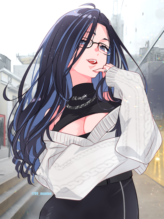 1girl, black-framed_eyewear, black_dress, black_hair, black_shirt, blue_hair, breasts, cleavage