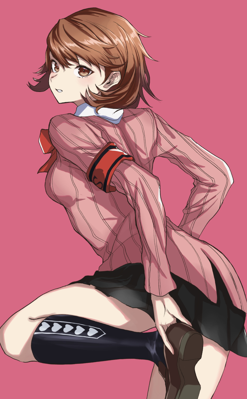 1girl, absurdres, adjusting_footwear, armband, black_skirt, black_socks, blush, bow