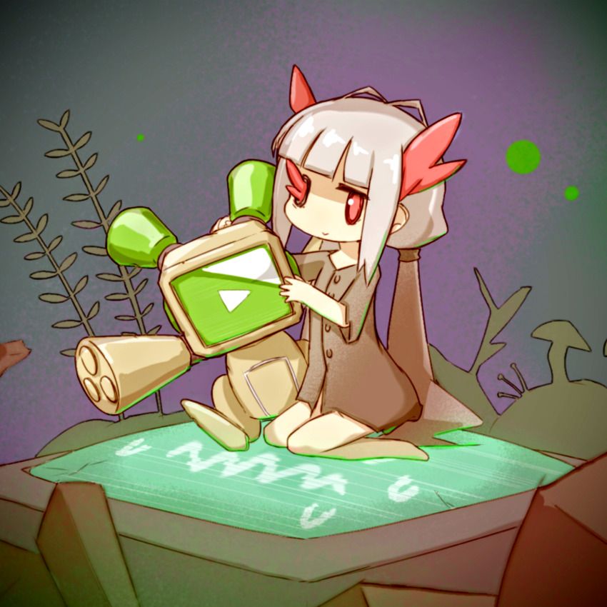 1girl, barefoot, blunt_bangs, brown_dress, chibi, closed_mouth, commentary_request, cracked_screen, dress, full_body, gradient_background, grey_background, grey_hair, highres, horns, long_hair, looking_at_viewer, low_twintails, missing_eye, no_pants, no_sclera, player193, purple_background, red_eyes, robot, seaweed, seiza, short_dress, short_sleeves, sitting, smile, solo, television, toriko_(void_terrarium), twintails, very_long_hair, vignetting, void_terrarium