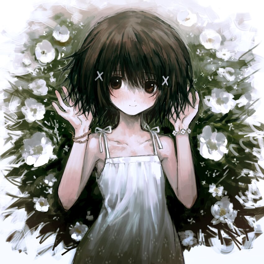 1girl, absurdres, blush, bracelet, brown_eyes, brown_hair, closed_mouth, collarbone