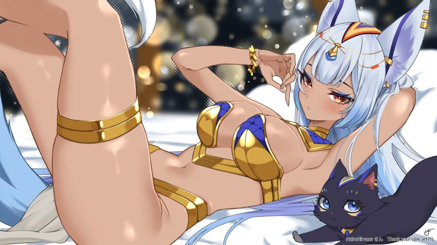 1girl, ancient_egyptian, animal_ear_fluff, animal_ears, arm_behind_head, armpits, blue_eyes, blue_hair, blurry, blurry_background, bracelet, breasts, cat, character_name, commission, detached_collar, earrings, gold_collar, gradient_hair, grey_hair, highres, indie_virtual_youtuber, jewelry, k_(art71), large_breasts, long_hair, lying, multicolored_hair, nairu_nirvana, navel, on_back, red_eyes, revealing_clothes, skeb_commission, solo, tail, tan, thank_you, thighlet, twitter_username, virtual_youtuber