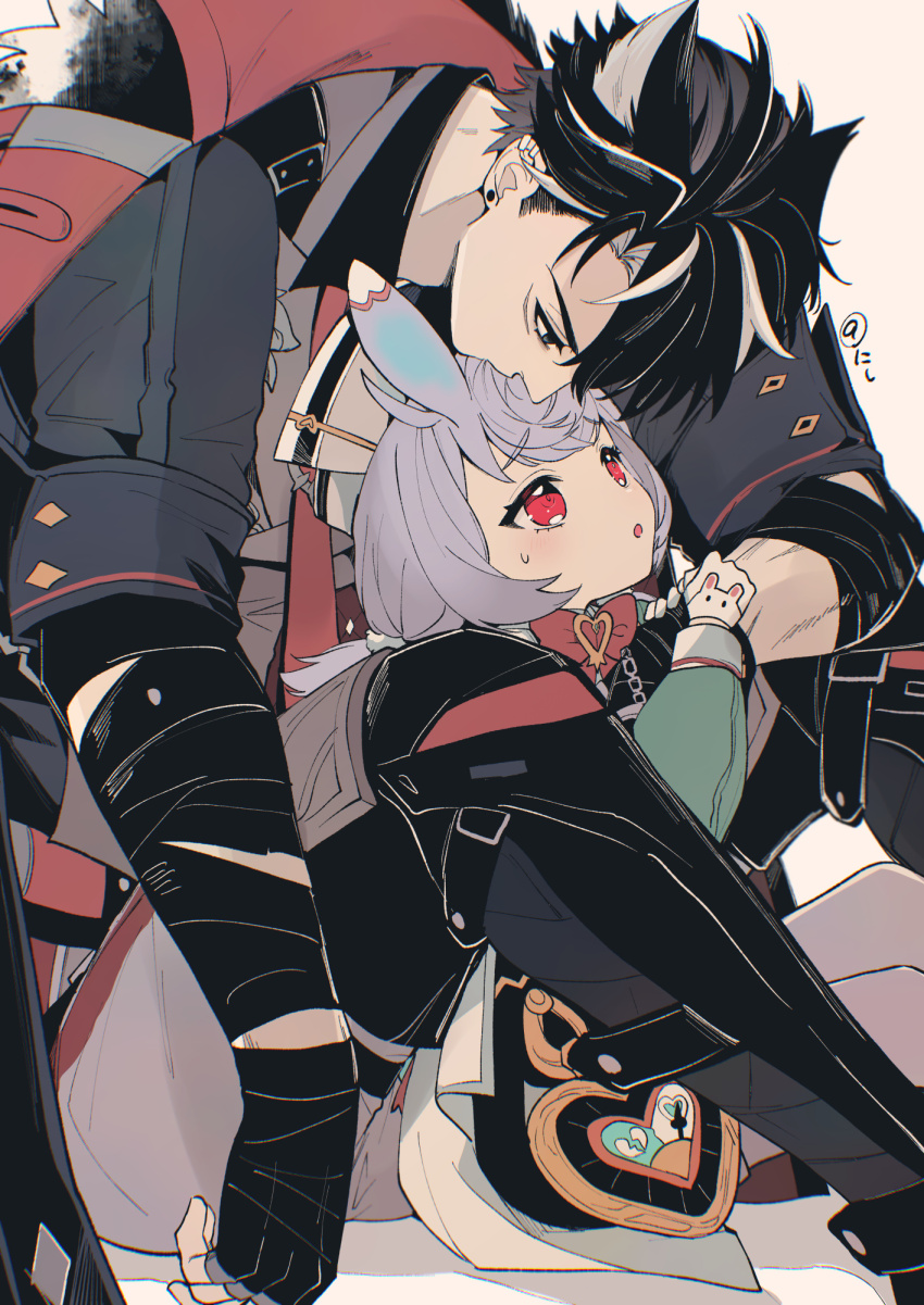 1boy, 1girl, :o, arm_wrap, black_eyes, black_hair, bow, bowtie