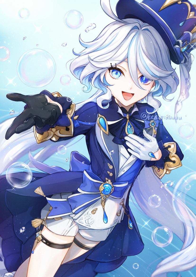 1girl, ahoge, artist_name, ascot, asymmetrical_clothes, asymmetrical_gloves, blue_ascot, blue_eyes