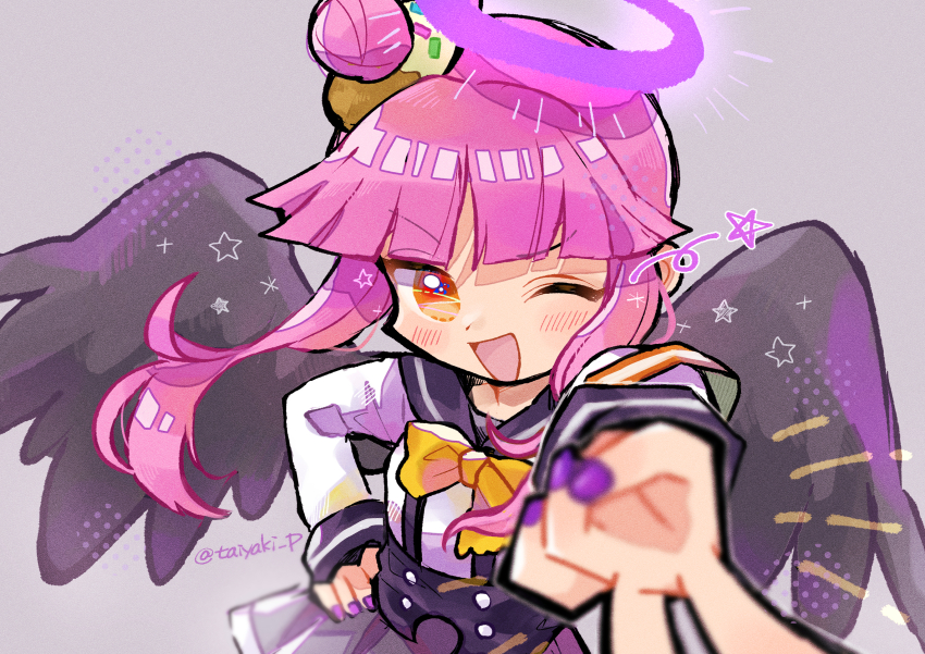 1girl, black_skirt, black_wings, blush, bow, brown_eyes, doradorakingyo, donut_hair_ornament