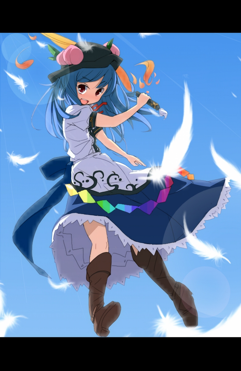 1girl, blue_hair, boots, colorized, day, eto, feathers, female_focus