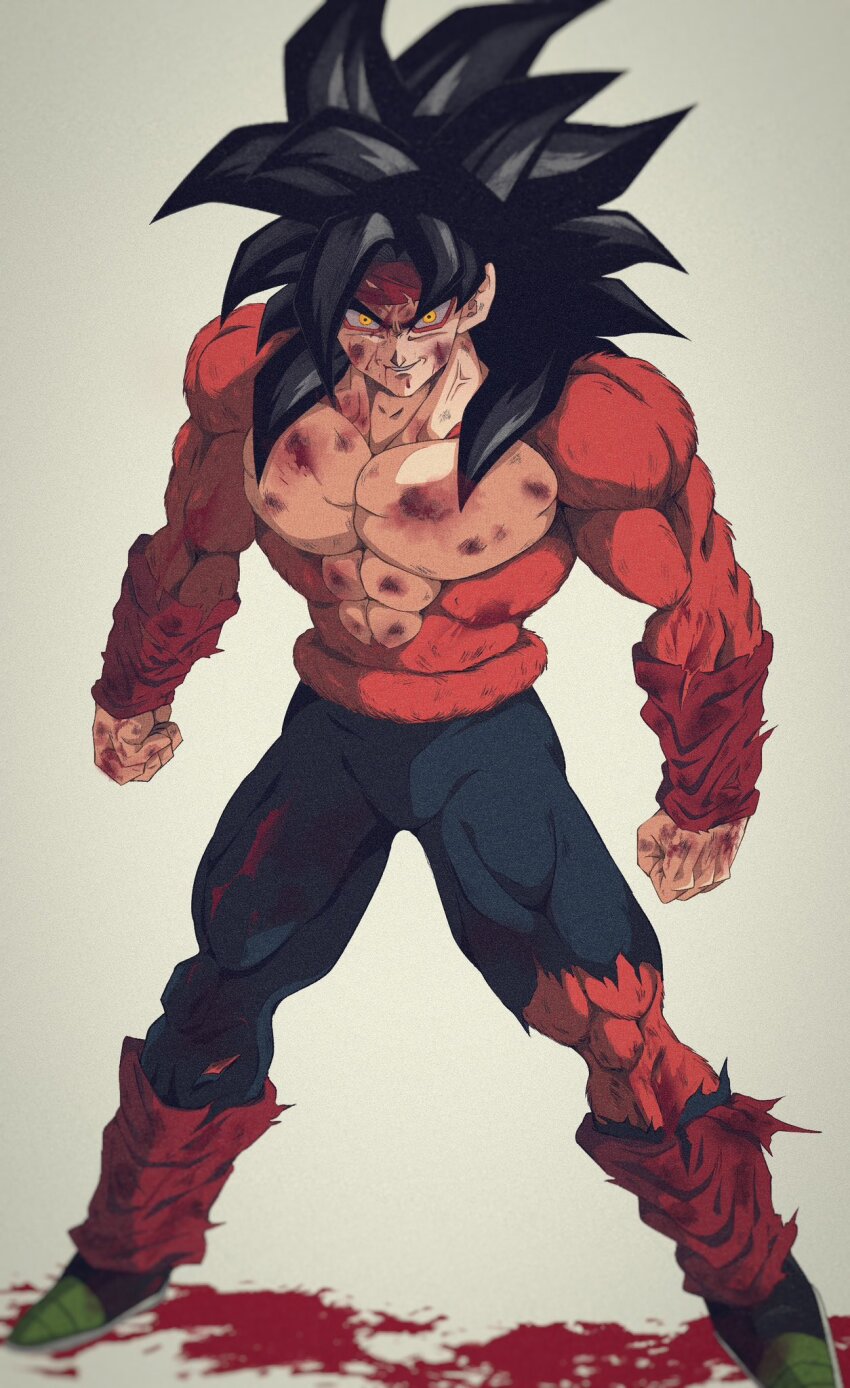 1boy, armor, bardock, biceps, black_hair, bleeding, blood, blood_on_clothes