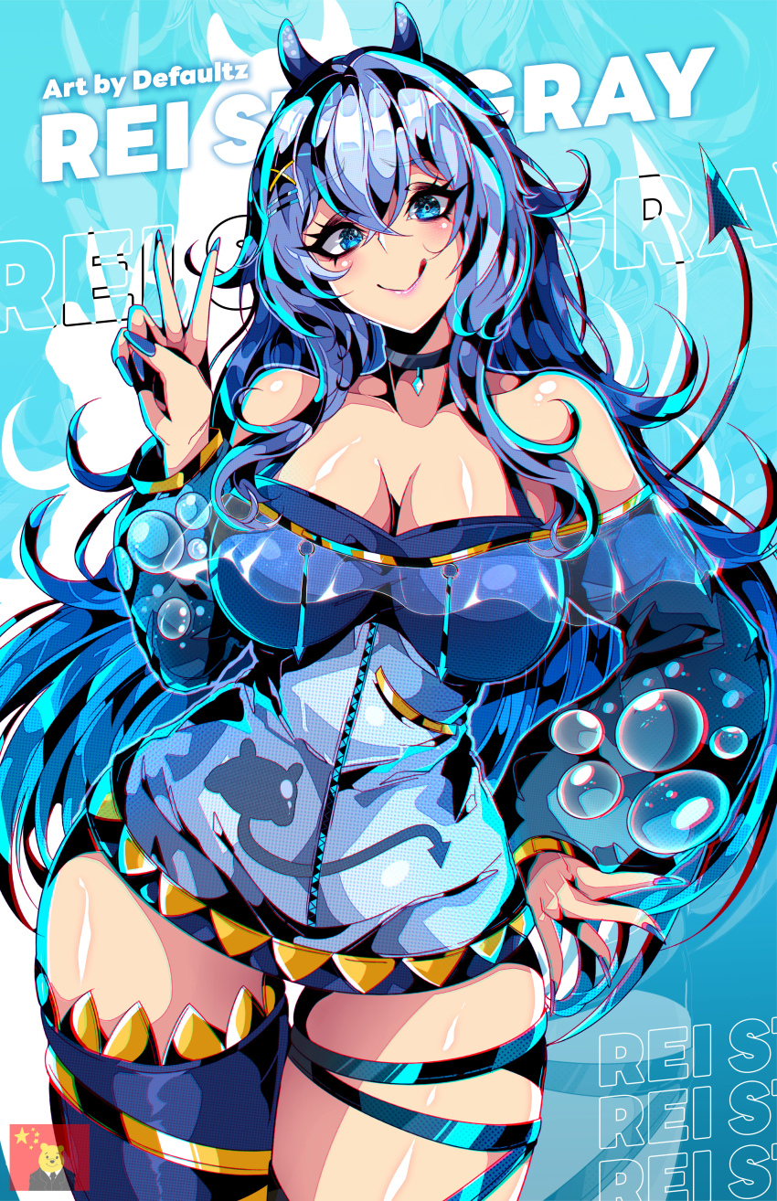 1girl, :q, absurdres, artist_name, bare_shoulders, black_choker, blue_eyes, blue_hair, blue_jacket, blue_nails, blue_thighhighs, breasts, bubble, character_name, choker, cowboy_shot, defaultz, hair_between_eyes, highres, indie_virtual_youtuber, jacket, large_breasts, long_hair, nail_polish, off_shoulder, people's_republic_of_china_flag, pooh, rei_stingray, single_thighhigh, solo, tail, thigh_strap, thighhighs, tongue, tongue_out, v, virtual_youtuber, winnie_the_pooh
