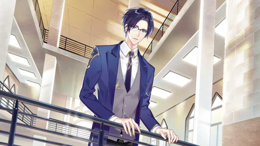 1boy, balcony, black_pants, blazer, blue_eyes, blue_hair, blue_jacket, clarence_clayden