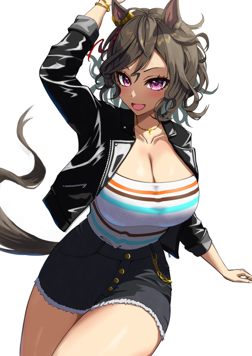 1girl, :d, absurdres, animal_ears, arm_up, azuki_(azuki_azukki), black_jacket, black_shorts, breasts, cleavage, commentary_request, cowboy_shot, cutoffs, grey_hair, highres, horse_ears, jacket, large_breasts, long_sleeves, looking_at_viewer, open_mouth, partial_commentary, purple_eyes, shirt, short_hair, short_shorts, shorts, simple_background, smile, solo, standing, striped_clothes, striped_shirt, tap_dance_city_(casual)_(umamusume), tap_dance_city_(umamusume), thighs, umamusume, white_background
