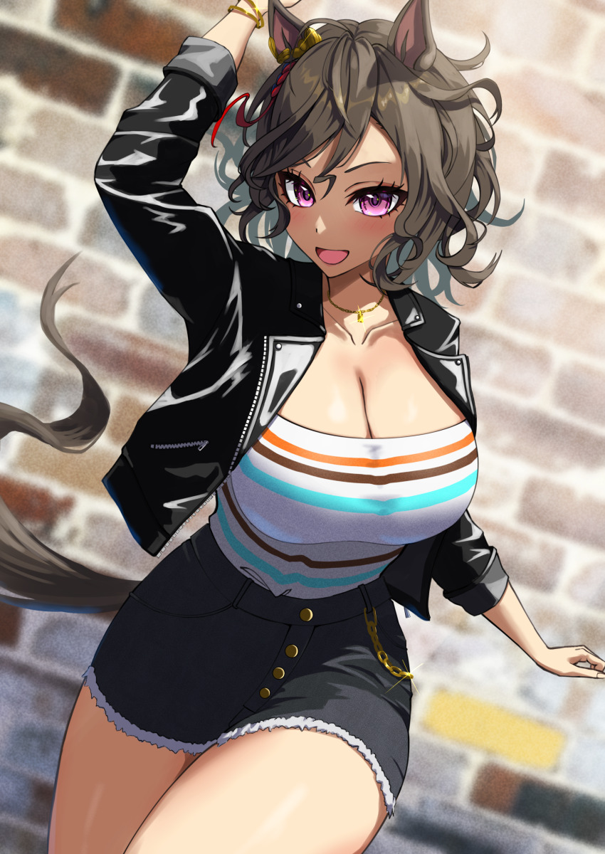 1girl, :d, absurdres, animal_ears, arm_up, azuki_(azuki_azukki), black_jacket, black_shorts, breasts, cleavage, commentary_request, cowboy_shot, cutoffs, grey_hair, highres, horse_ears, jacket, large_breasts, long_sleeves, looking_at_viewer, open_mouth, purple_eyes, shirt, short_hair, short_shorts, shorts, smile, solo, standing, striped_clothes, striped_shirt, tap_dance_city_(casual)_(umamusume), tap_dance_city_(umamusume), thighs, umamusume