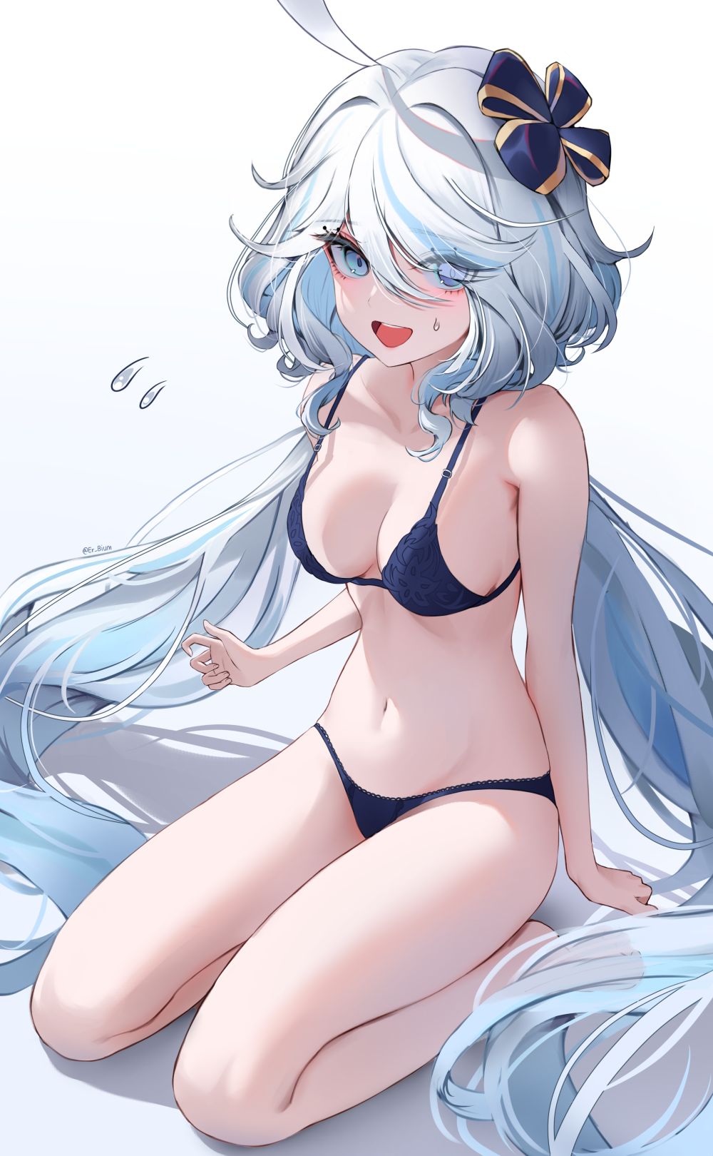 1girl, bare_shoulders, blue_eyes, blue_hair, breasts, cleavage, erbium, furina_(genshin_impact)