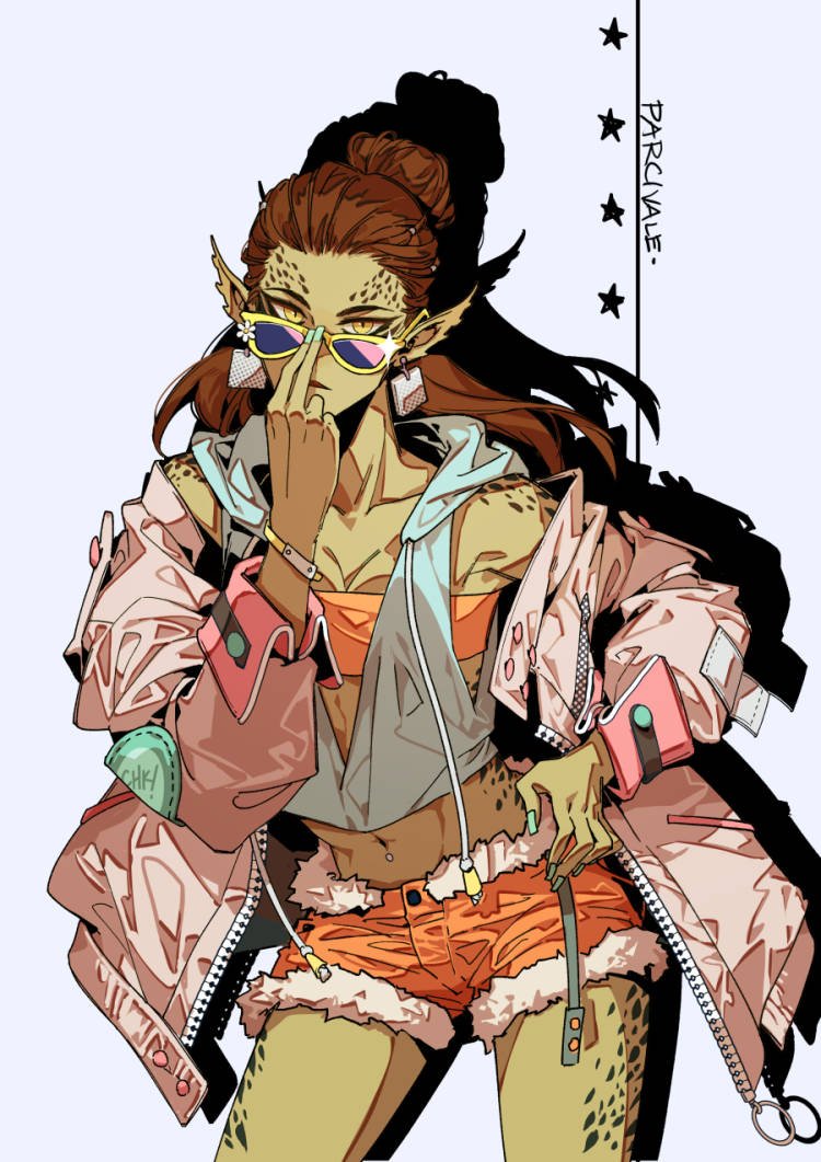 1girl, adjusting_eyewear, alternate_costume, artist_name, baldur's_gate, baldur's_gate_3, bandeau, bare_shoulders, bracelet, breasts, brown_hair, cleavage, collarbone, colored_skin, commentary, contemporary, contrapposto, corrupted_twitter_file, cowboy_shot, cropped_jacket, drawstring, drop_shadow, earrings, fake_nails, fur-trimmed_shorts, fur_trim, gith_(dungeons_&amp;_dragons), green_nails, hair_bun, hand_on_own_face, hand_on_own_hip, hand_up, hood, hoodie, jacket, jewelry, lae'zel, looking_at_viewer, lossehelin, medium_hair, navel, navel_piercing, off_shoulder, open_clothes, open_jacket, orange_bandeau, orange_shorts, piercing, pink_jacket, plunging_neckline, pointy_ears, short_shorts, shorts, simple_background, single_hair_bun, sleeveless, sleeveless_hoodie, small_breasts, solo, standing, sunglasses, white_background, white_hoodie, yellow-framed_eyewear, yellow_eyes, yellow_skin, zipper