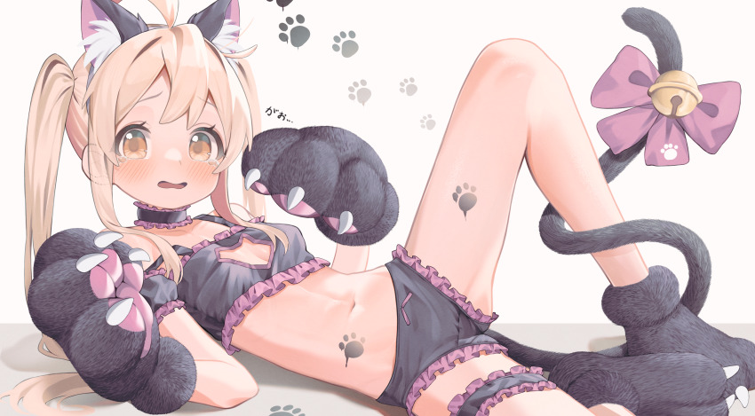 1girl, absurdres, ahoge, alternate_hairstyle, animal_ear_fluff, animal_ears, animal_hands, bare_shoulders, bell, black_bra, black_panties, blonde_hair, blush, bow, bra, breasts, cat_ears, cat_lingerie, cat_paws, choker, female_focus, frilled_bra, frilled_choker, frilled_garter, frilled_panties, frilled_thigh_strap, frills, genderswap, genderswap_(mtf), gloves, highres, huge_filesize, jingle_bell, lazu0721, loli, long_hair, looking_at_viewer, lying, midriff, navel, official_alternate_costume, official_alternate_hairstyle, on_back, on_floor, onii-chan_wa_oshimai!, open_mouth, oyama_mahiro, panties, paw_gloves, paw_print, pink_bow, sidelocks, simple_background, small_breasts, solo, spread_legs, tail, tail_bell, tail_bow, tail_ornament, tearing_up, thigh_strap, underwear, white_background, yellow_eyes