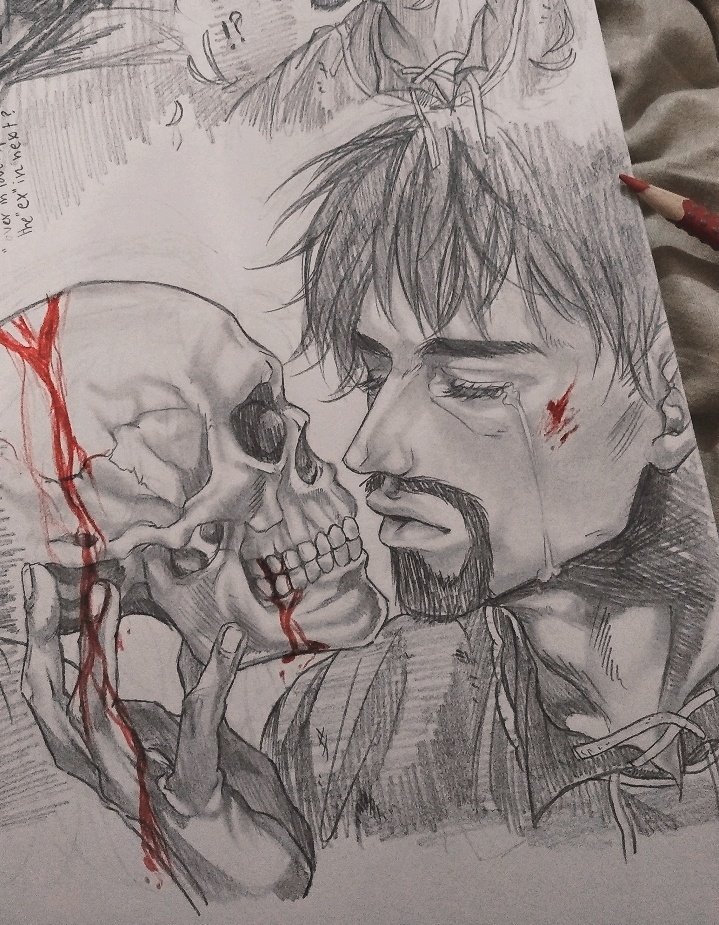 1boy, arnheid, blood_on_skeleton, closed_eyes, cropped_torso, crying, einar_(vinland_saga), facial_hair