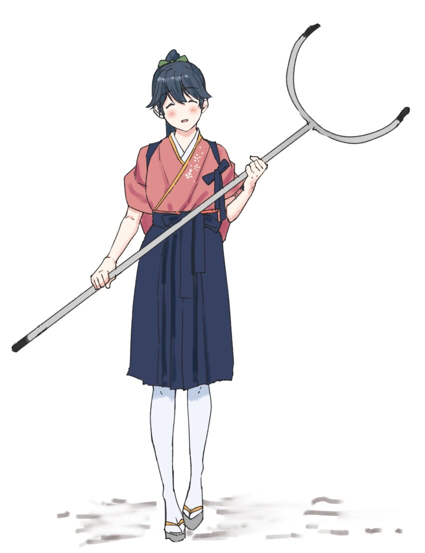 1girl, absurdres, apron, bident, black_hair, black_hakama, closed_eyes, commentary_request