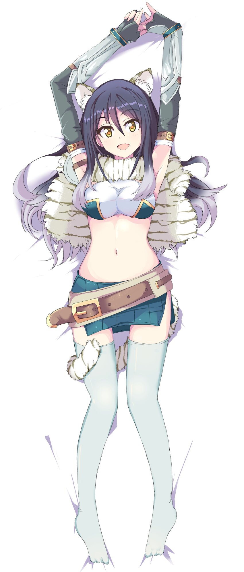 1girl, absurdres, animal_ears, armpits, belt, black_hair, breasts, detached_sleeves