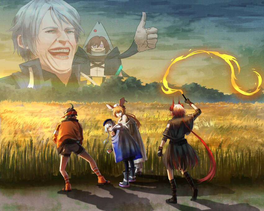 3boys, 3girls, amiya_(arknights), animal_ears, arknights, bird_ears, bird_girl, black_footwear