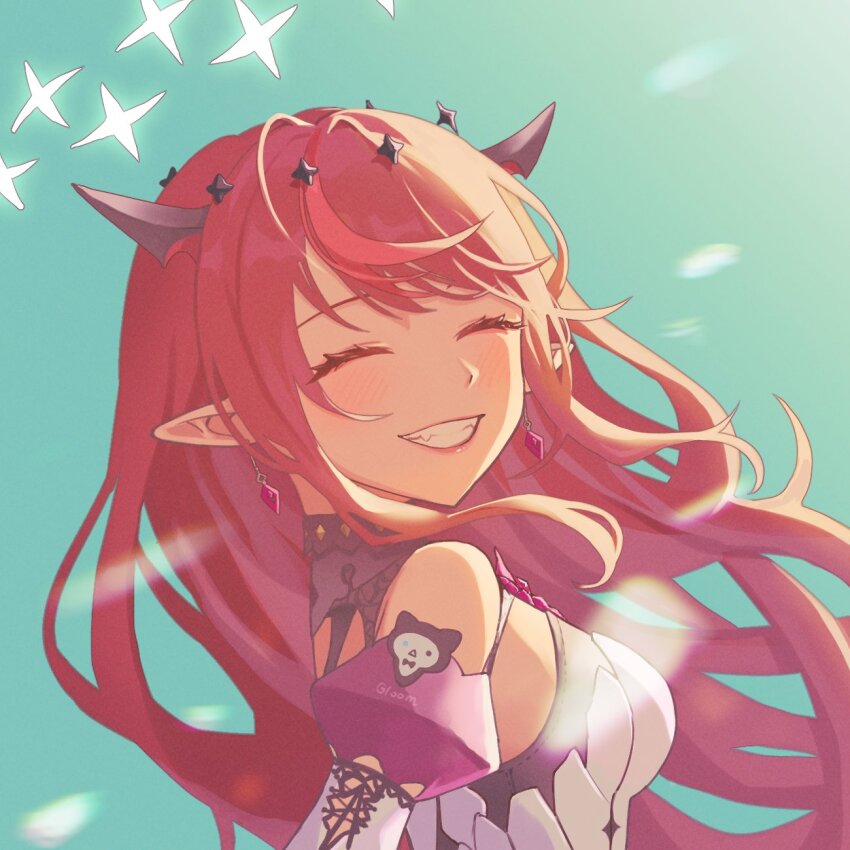 1girl, bare_shoulders, blush, breasts, brooch, closed_eyes, demon_horns, detached_sleeves