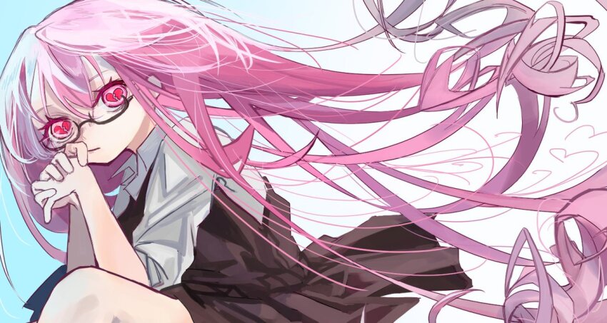 1girl, black-framed_eyewear, blue_background, broken_heart, brown_dress, closed_mouth, coco_(tai_sekaiyou_mahou_shoujo_tsubame), collared_shirt