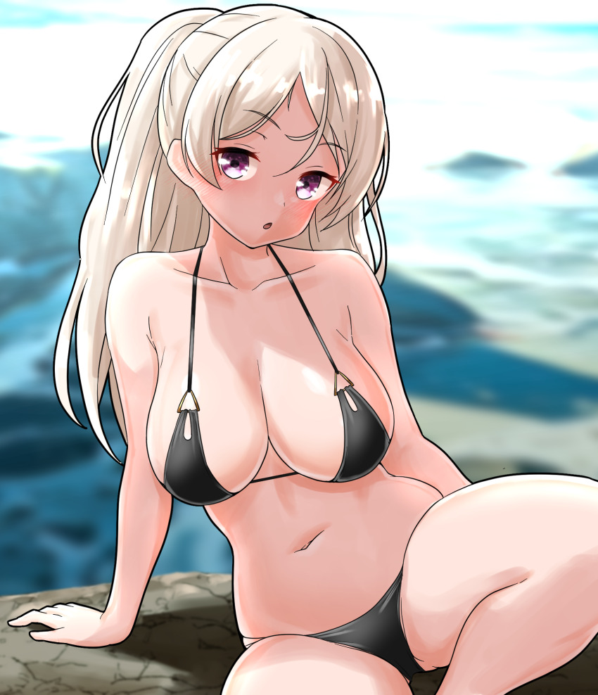 1girl, bikini, black_bikini, breasts, brown_eyes, cleavage, commentary_request, conte_di_cavour_(kancolle)