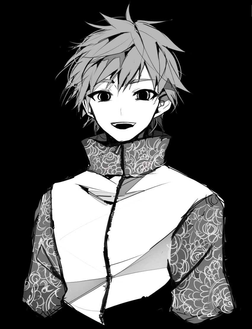 1boy, :d, absurdres, aino_(tai_sekaiyou_mahou_shoujo_tsubame), black_background, commentary_request, cropped_torso, greyscale