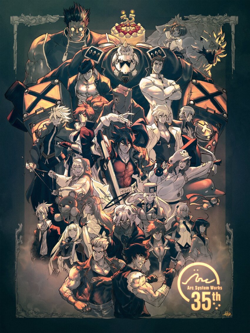 anniversary, arc_system_works, baiken, billy_lee, blazblue, bridget_(guilty_gear), cake, commentary