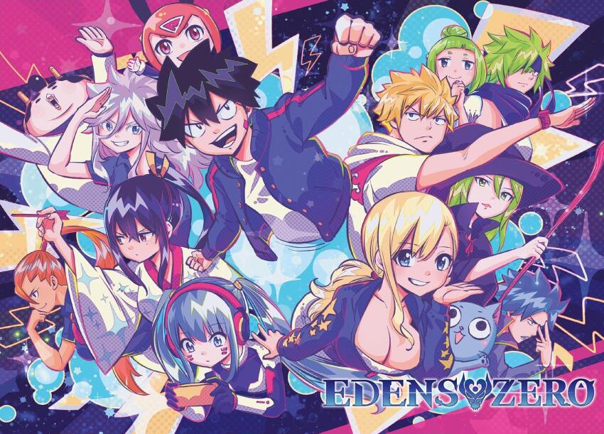 4boys, 6+girls, black_hair, blonde_hair, blue_eyes, breasts, cleavage, eden's_zero