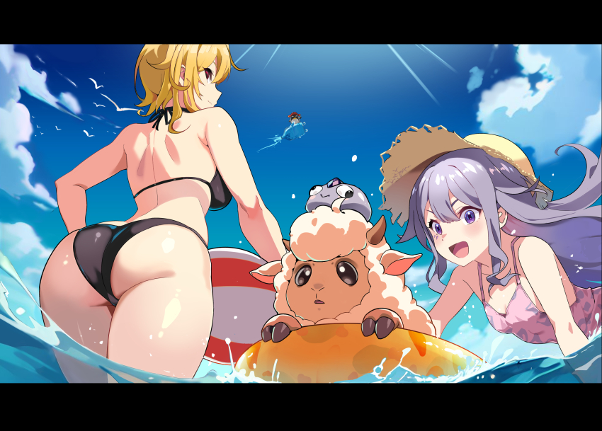 2girls, ass, ball, bare_shoulders, beachball, bikini, black_bikini, blonde_hair, blue_sky, breasts, casual_one-piece_swimsuit, center-flap_bangs, closed_mouth, cloud, commentary_request, day, double-parted_bangs, flying, galon_(kaela_kovalskia), gradient_hair, hair_between_eyes, hair_flaps, hat, highres, hololive, hololive_english, hololive_indonesia, innertube, jewel_under_eye, kaela_kovalskia, kaela_kovalskia_(penguin), koseki_bijou, large_breasts, letterboxed, long_hair, looking_back, median_furrow, multicolored_hair, multiple_girls, one-piece_swimsuit, open_mouth, outdoors, pebble_(koseki_bijou), pink_hair, popo_(popo0cat), profile, purple_eyes, purple_hair, purple_one-piece_swimsuit, red_eyes, sheep, short_hair, shoulder_blades, sidelocks, simple_bird, sky, small_breasts, smile, straw_hat, sunlight, swim_ring, swimsuit, v-shaped_eyebrows, virtual_youtuber, water