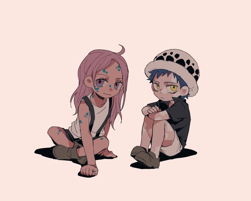 1boy, 1girl, aged_down, ahoge, black_shirt, black_shorts, blue_hair, boots, brown_footwear, child, colored_skin, demorzel, facial_mark, hat, highres, jewelry_bonney, long_hair, looking_at_viewer, multicolored_skin, one_piece, pink_eyes, pink_hair, shirt, short_hair, shorts, simple_background, spoilers, suspender_shorts, suspenders, trafalgar_law, white_shirt, white_shorts, yellow_eyes