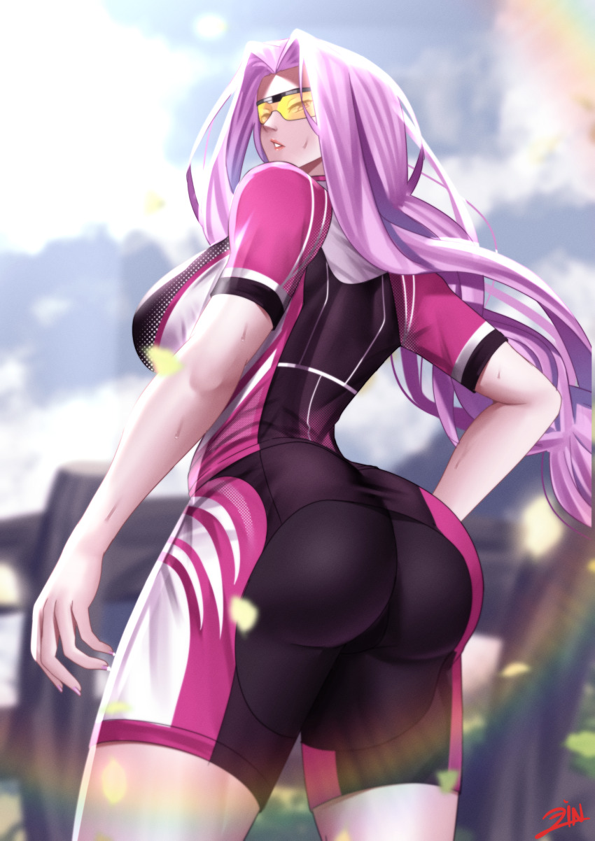 1girl, absurdres, alternate_costume, ass, bike_shorts, black_shorts, blush, braid