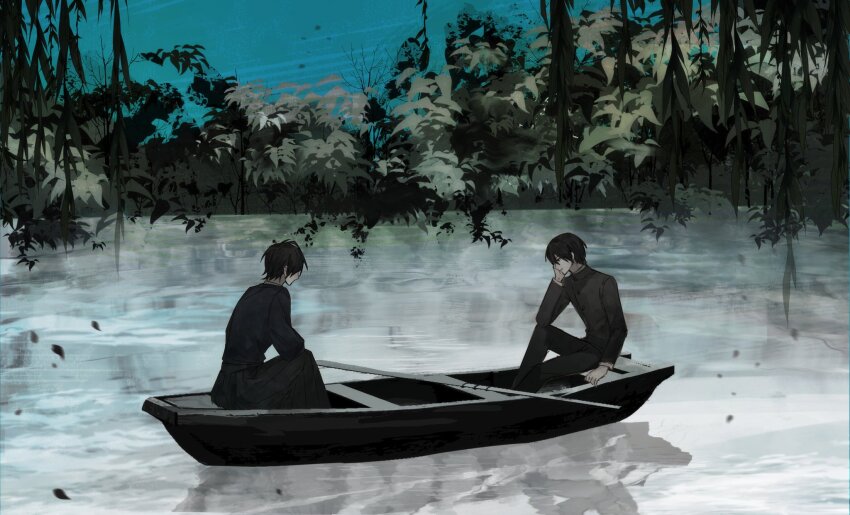 2boys, ahoge, black_hair, blue_sky, boat, falling_leaves, full_body, gakuran